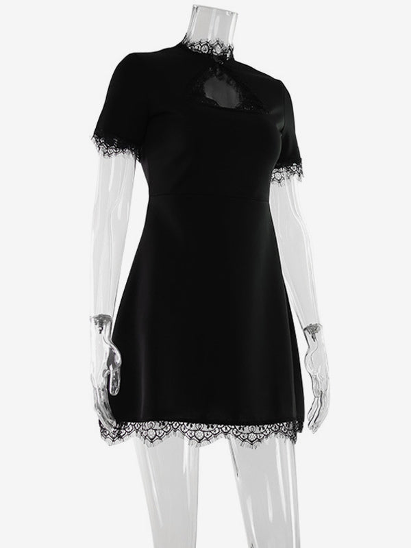 Lace Trim Keyhole Mini Dress For Women - Black Elegant High Neck Short Sleeve A-Line Dress - Spring Birthday Party 2026