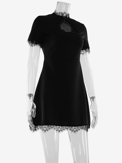 Lace Trim Keyhole Mini Dress For Women - Black Elegant High Neck Short Sleeve A-Line Dress - Spring Birthday Party 2026