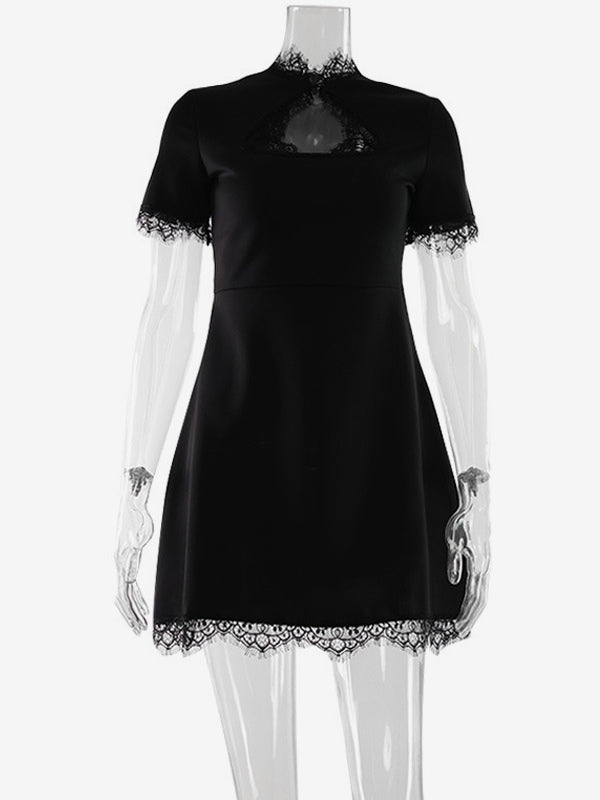 Lace Trim Keyhole Mini Dress For Women - Black Elegant High Neck Short Sleeve A-Line Dress - Spring Birthday Party 2026