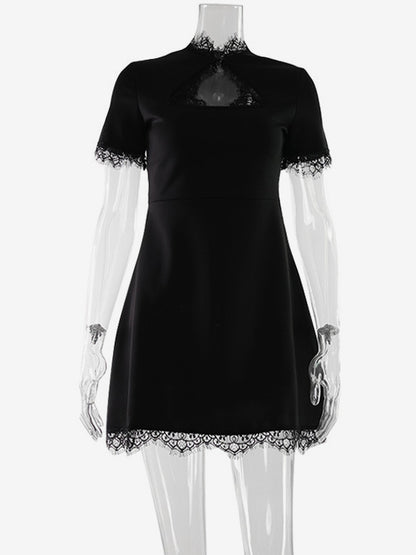 Lace Trim Keyhole Mini Dress For Women - Black Elegant High Neck Short Sleeve A-Line Dress - Spring Birthday Party 2026