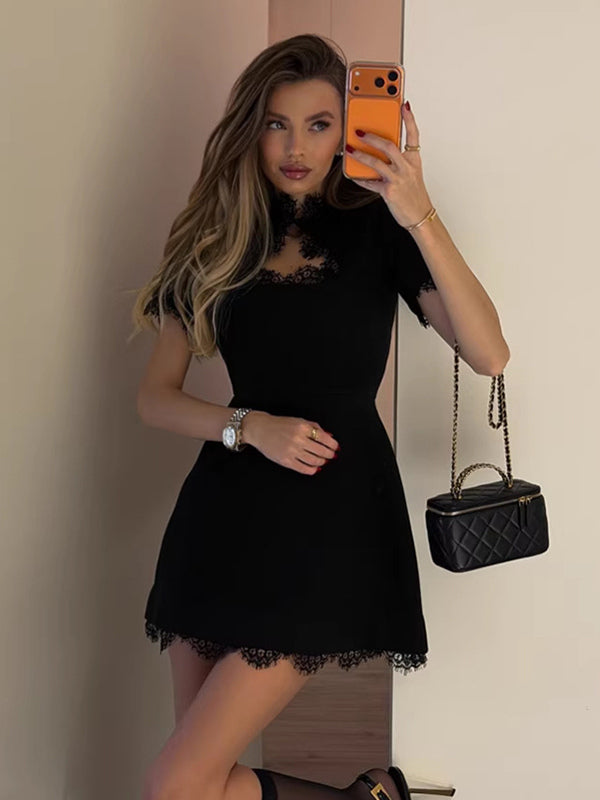 Lace Trim Keyhole Mini Dress For Women - Black Elegant High Neck Short Sleeve A-Line Dress - Spring Birthday Party 2026