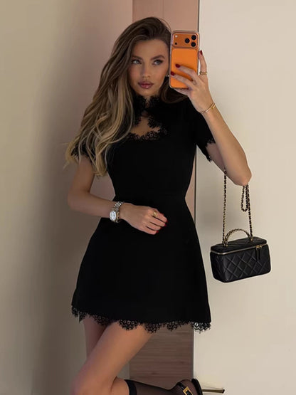 Lace Trim Keyhole Mini Dress For Women - Black Elegant High Neck Short Sleeve A-Line Dress - Spring Birthday Party 2026