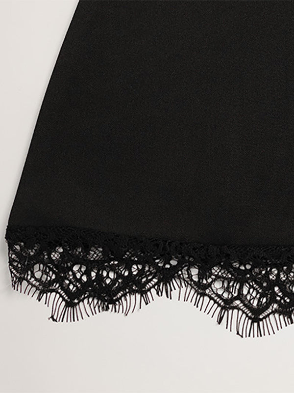 Lace Trim Keyhole Mini Dress For Women - Black Elegant High Neck Short Sleeve A-Line Dress - Spring Birthday Party 2026