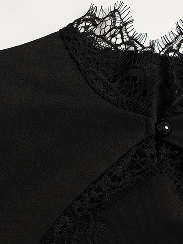 Lace Trim Keyhole Mini Dress For Women - Black Elegant High Neck Short Sleeve A-Line Dress - Spring Birthday Party 2026