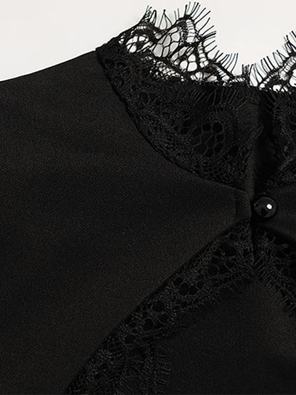 Lace Trim Keyhole Mini Dress For Women - Black Elegant High Neck Short Sleeve A-Line Dress - Spring Birthday Party 2026