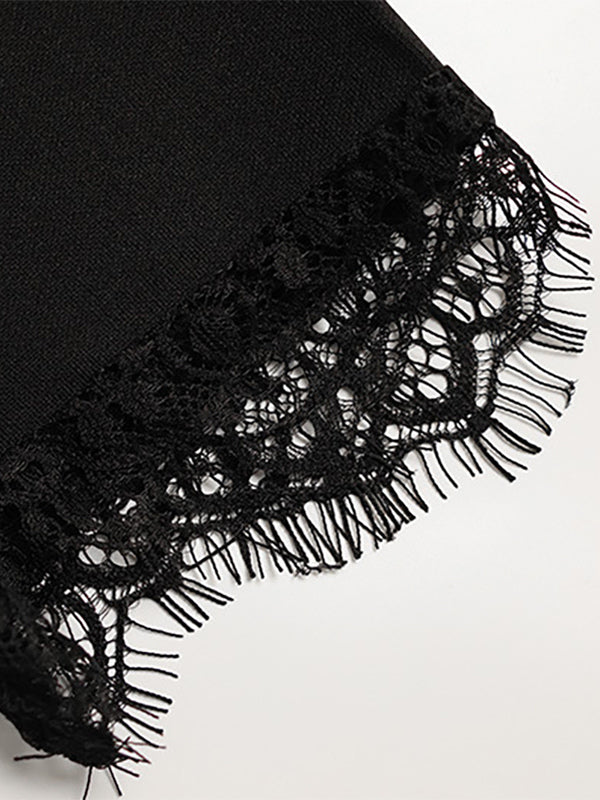 Lace Trim Keyhole Mini Dress For Women - Black Elegant High Neck Short Sleeve A-Line Dress - Spring Birthday Party 2026