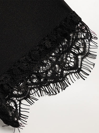 Lace Trim Keyhole Mini Dress For Women - Black Elegant High Neck Short Sleeve A-Line Dress - Spring Birthday Party 2026