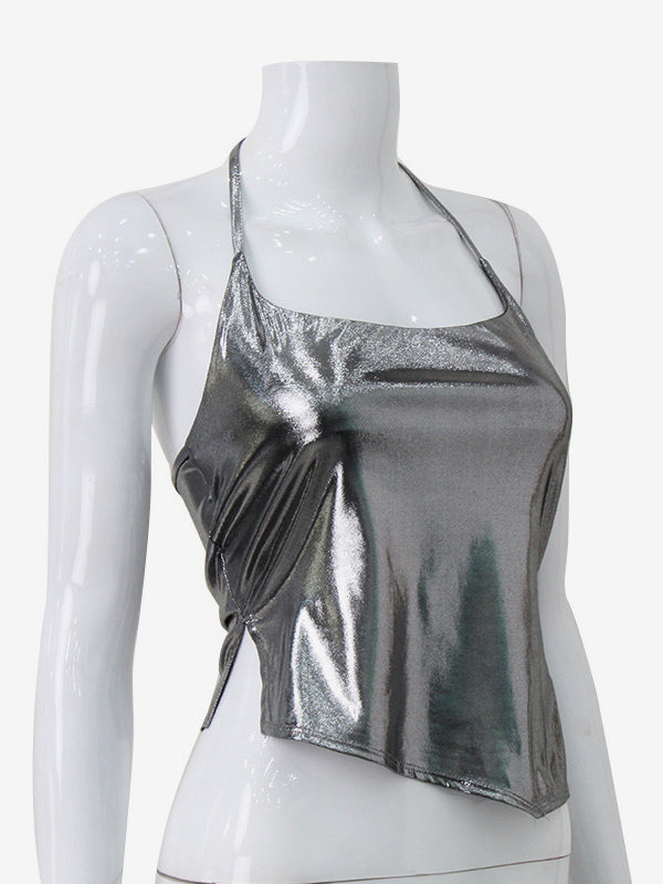 Metallic Halter Top For Women - Silver Sexy Side Slit Asymmetrical Tank - Summer Night Club Party 2026