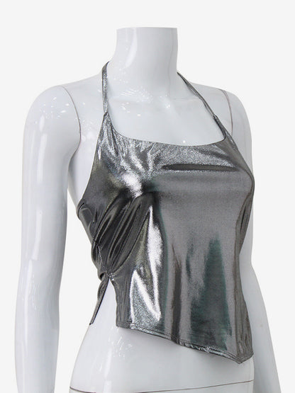 Metallic Halter Top For Women - Silver Sexy Side Slit Asymmetrical Tank - Summer Night Club Party 2026