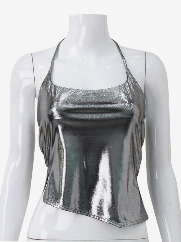 Metallic Halter Top For Women - Silver Sexy Side Slit Asymmetrical Tank - Summer Night Club Party 2026