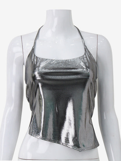 Metallic Halter Top For Women - Silver Sexy Side Slit Asymmetrical Tank - Summer Night Club Party 2026