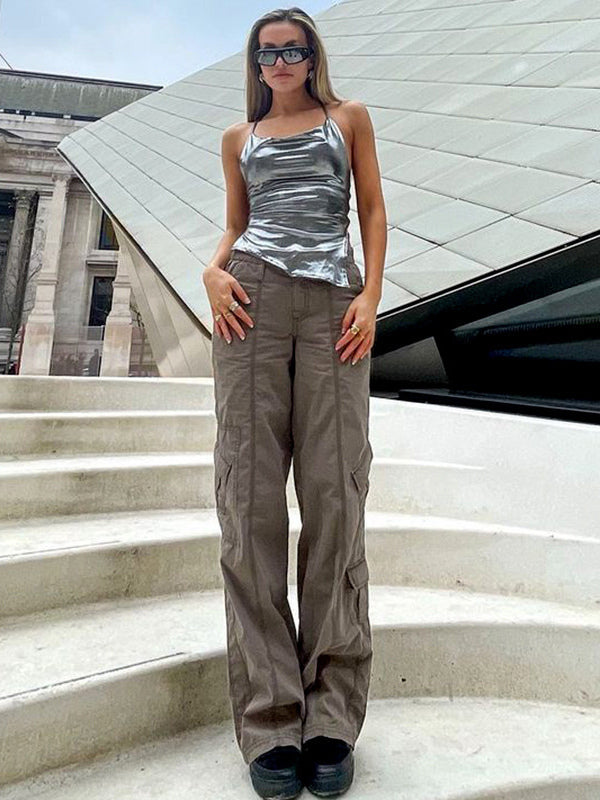 Metallic Halter Top For Women - Silver Sexy Side Slit Asymmetrical Tank - Summer Night Club Party 2026