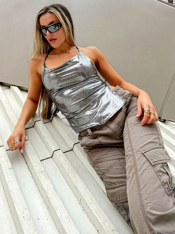 Metallic Halter Top For Women - Silver Sexy Side Slit Asymmetrical Tank - Summer Night Club Party 2026