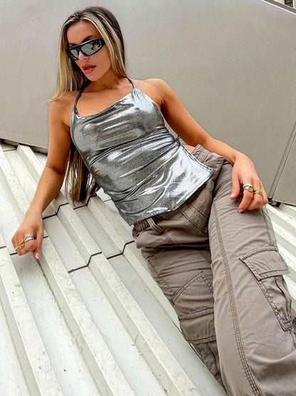 Metallic Halter Top For Women - Silver Sexy Side Slit Asymmetrical Tank - Summer Night Club Party 2026