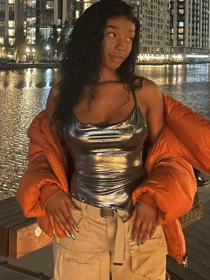 Metallic Halter Top For Women - Silver Sexy Side Slit Asymmetrical Tank - Summer Night Club Party 2026