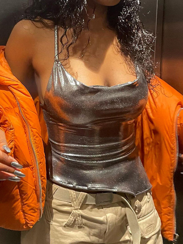 Metallic Halter Top For Women - Silver Sexy Side Slit Asymmetrical Tank - Summer Night Club Party 2026