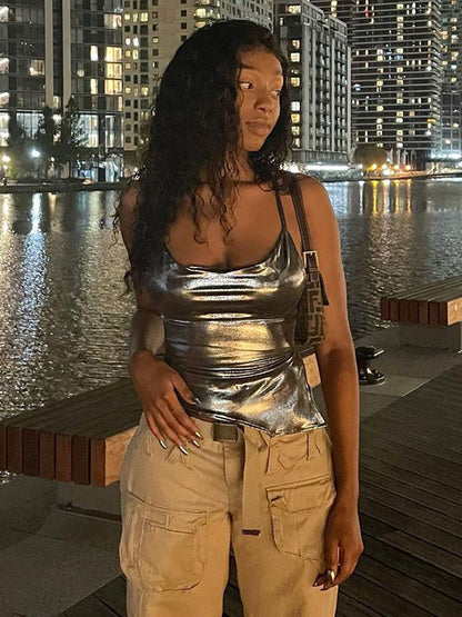 Metallic Halter Top For Women - Silver Sexy Side Slit Asymmetrical Tank - Summer Night Club Party 2026