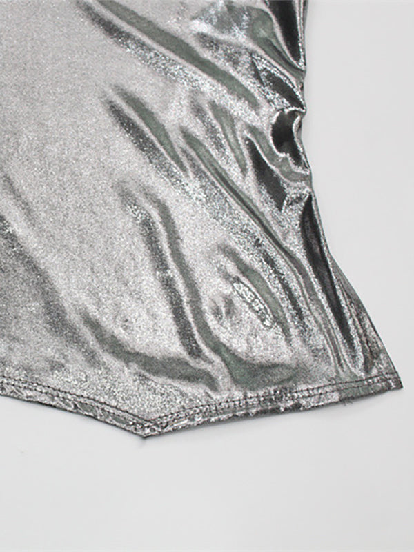 Metallic Halter Top For Women - Silver Sexy Side Slit Asymmetrical Tank - Summer Night Club Party 2026