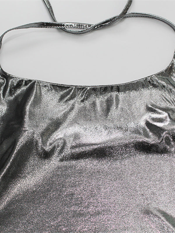 Metallic Halter Top For Women - Silver Sexy Side Slit Asymmetrical Tank - Summer Night Club Party 2026