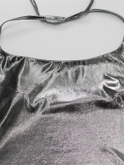 Metallic Halter Top For Women - Silver Sexy Side Slit Asymmetrical Tank - Summer Night Club Party 2026