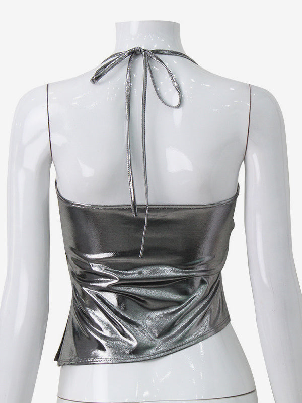 Metallic Halter Top For Women - Silver Sexy Side Slit Asymmetrical Tank - Summer Night Club Party 2026