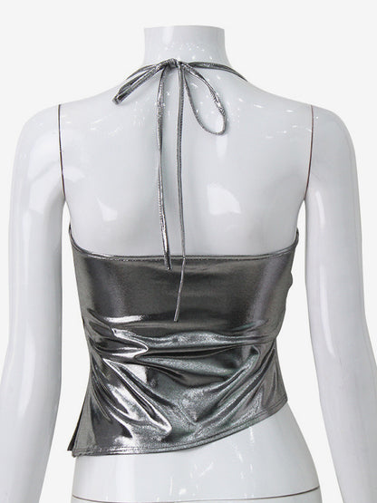 Metallic Halter Top For Women - Silver Sexy Side Slit Asymmetrical Tank - Summer Night Club Party 2026