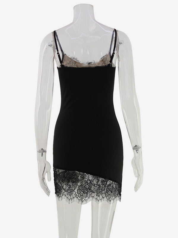 Lace Trim Slip Dress For Women - Black Y2K Aesthetic Sleeveless Bodycon Mini Dress - Summer Night Out Partywear 2026