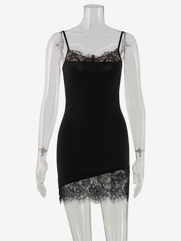 Lace Trim Slip Dress For Women - Black Y2K Aesthetic Sleeveless Bodycon Mini Dress - Summer Night Out Partywear 2026