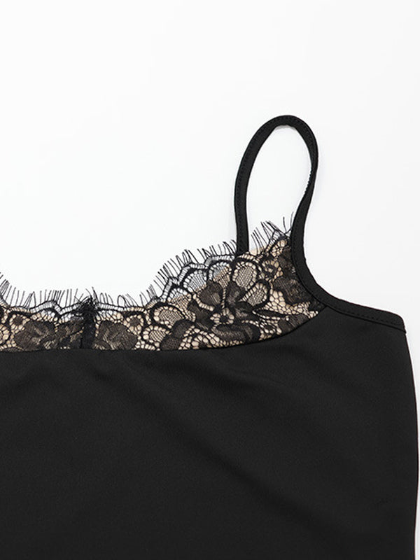 Lace Trim Slip Dress For Women - Black Y2K Aesthetic Sleeveless Bodycon Mini Dress - Summer Night Out Partywear 2026