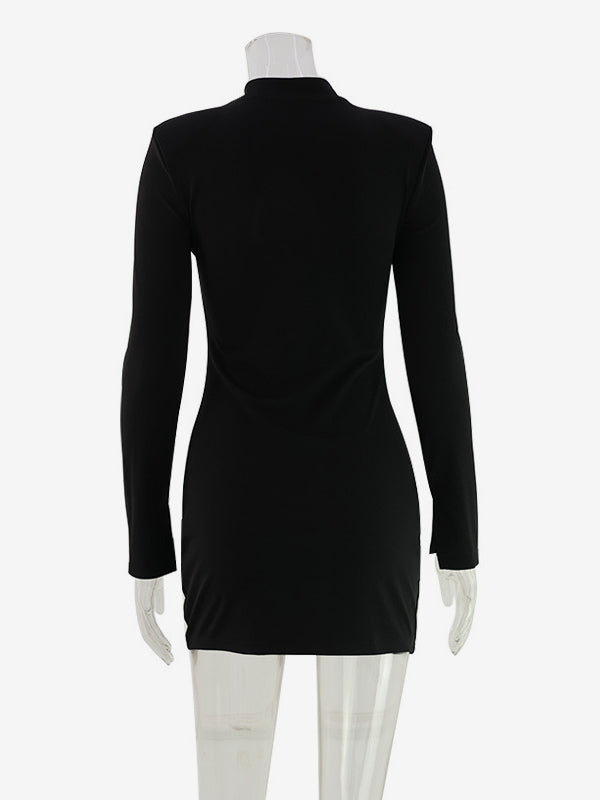 Cut Out Mini Dress For Women - Black Elegant Long Sleeve Gold Button Bodycon - Spring Night Out Club Party 2026