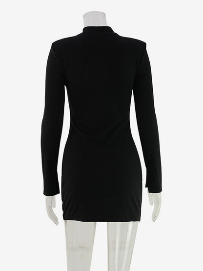 Cut Out Mini Dress For Women - Black Elegant Long Sleeve Gold Button Bodycon - Spring Night Out Club Party 2026