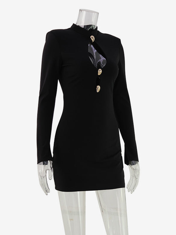 Cut Out Mini Dress For Women - Black Elegant Long Sleeve Gold Button Bodycon - Spring Night Out Club Party 2026