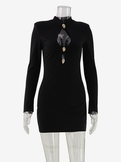 Cut Out Mini Dress For Women - Black Elegant Long Sleeve Gold Button Bodycon - Spring Night Out Club Party 2026