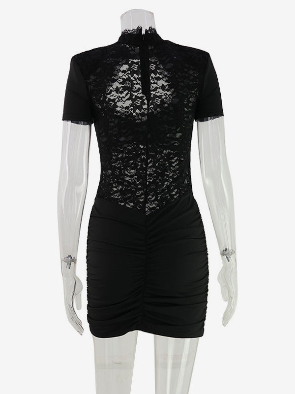 Sheer Lace Cut Out Bodycon Dress For Women - Black Gothic Chic Ruched Mini Sheath Dress - Summer Night Out Party 2026