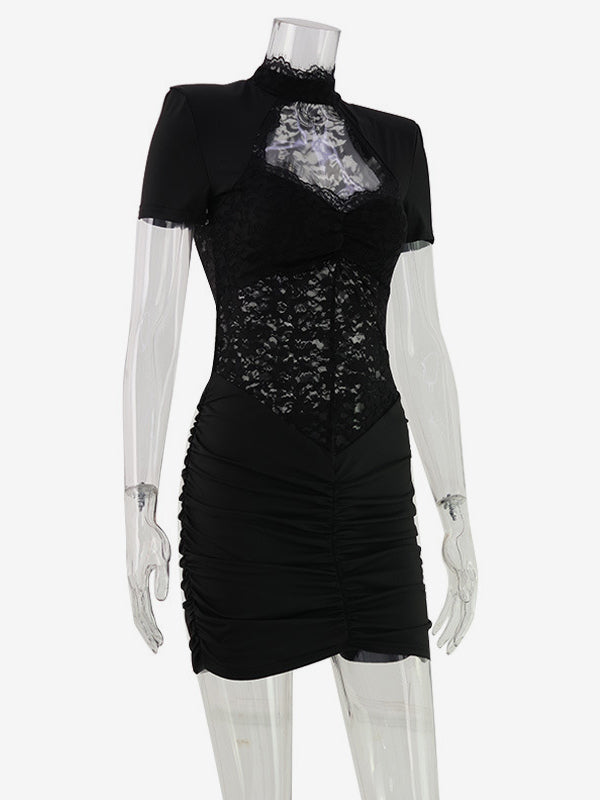 Sheer Lace Cut Out Bodycon Dress For Women - Black Gothic Chic Ruched Mini Sheath Dress - Summer Night Out Party 2026