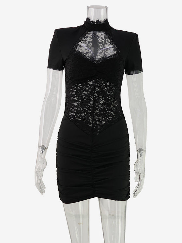 Sheer Lace Cut Out Bodycon Dress For Women - Black Gothic Chic Ruched Mini Sheath Dress - Summer Night Out Party 2026