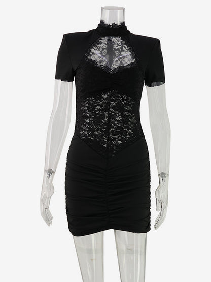Sheer Lace Cut Out Bodycon Dress For Women - Black Gothic Chic Ruched Mini Sheath Dress - Summer Night Out Party 2026