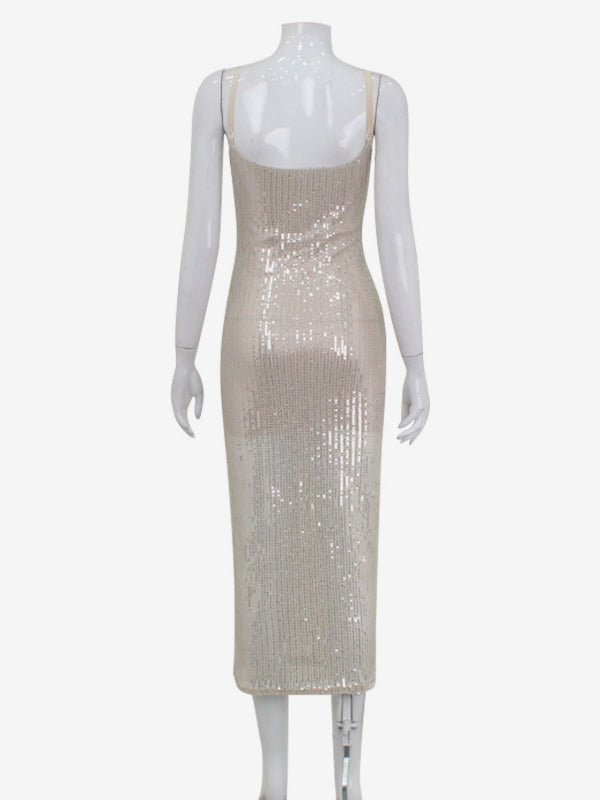 Sparkly Sequin Maxi Slip Dress For Women - Glam Spaghetti Strap Bodycon - Spring Night Out Club Party 2026