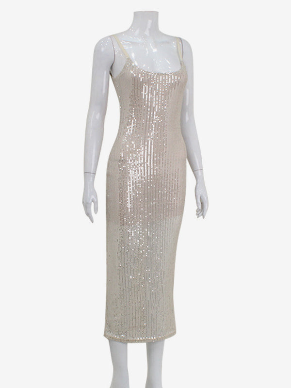 Sparkly Sequin Maxi Slip Dress For Women - Glam Spaghetti Strap Bodycon - Spring Night Out Club Party 2026