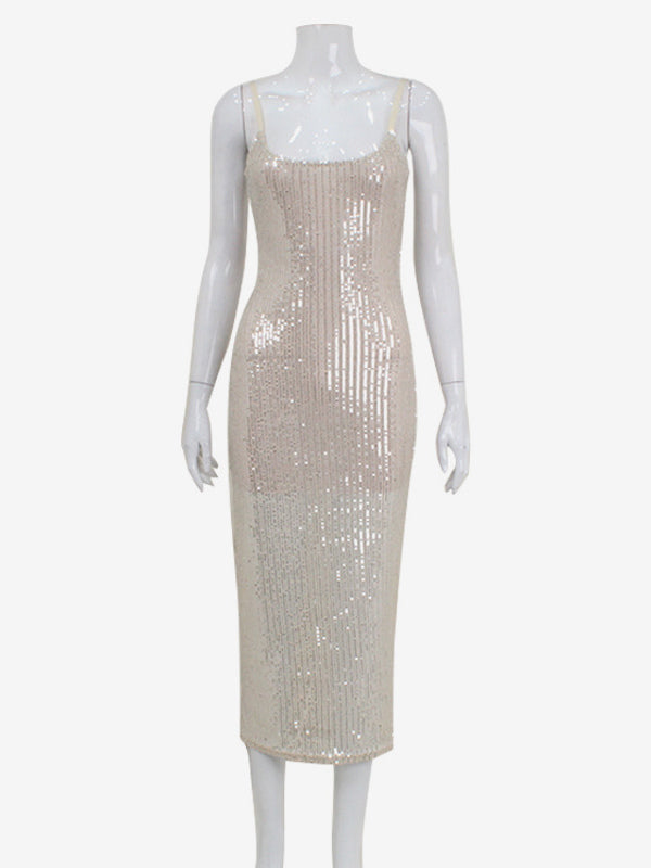 Sparkly Sequin Maxi Slip Dress For Women - Glam Spaghetti Strap Bodycon - Spring Night Out Club Party 2026