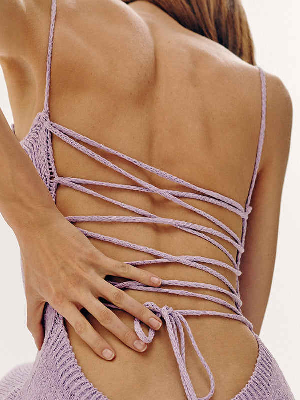 Backless Knitted Slip Dress For Women - Lace Up Ribbed Side Slit Midi Bodycon - Summer Beach Vacation 2026