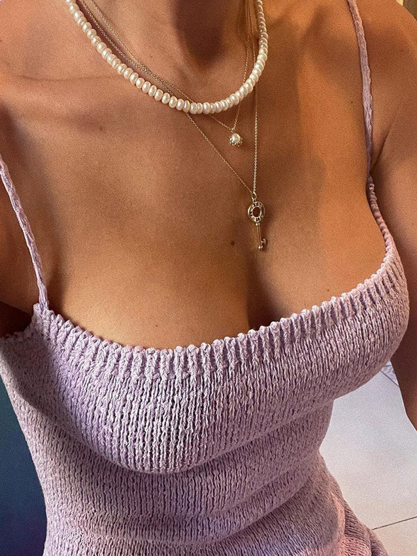 Backless Knitted Slip Dress For Women - Lace Up Ribbed Side Slit Midi Bodycon - Summer Beach Vacation 2026