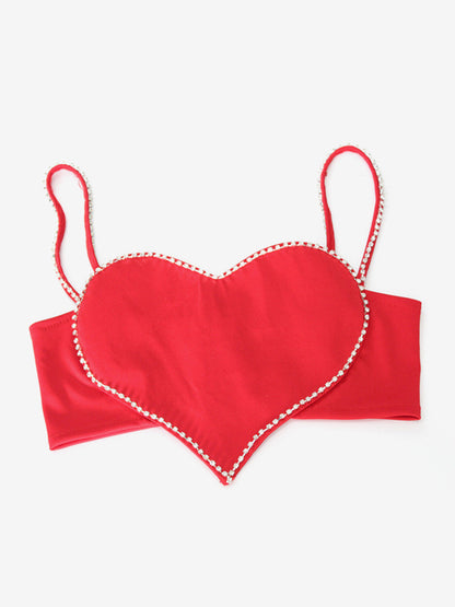 Heart Shaped Crop Top For Women - Red Rhinestone Y2K Aesthetic Cami - Summer Music Festival Club 2026