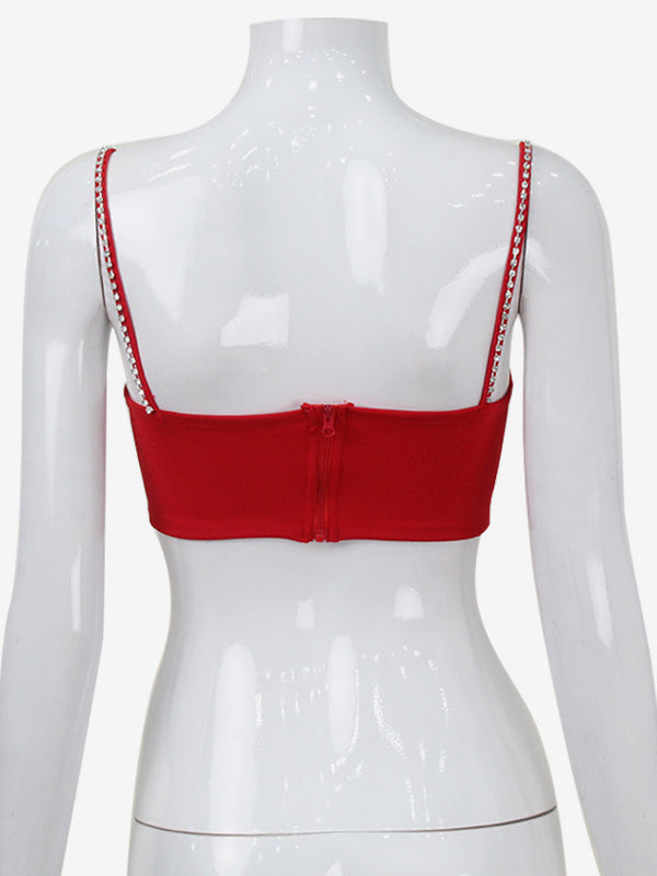 Heart Shaped Crop Top For Women - Red Rhinestone Y2K Aesthetic Cami - Summer Music Festival Club 2026