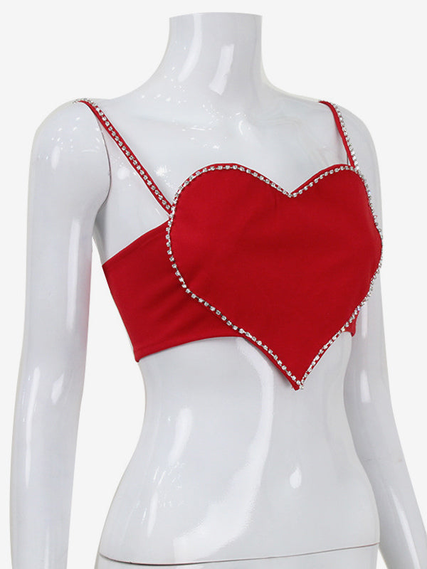 Heart Shaped Crop Top For Women - Red Rhinestone Y2K Aesthetic Cami - Summer Music Festival Club 2026