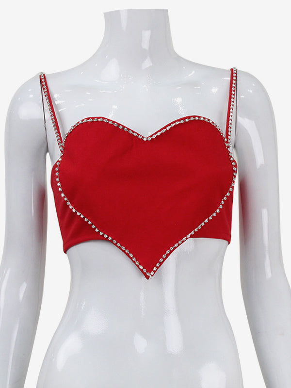 Heart Shaped Crop Top For Women - Red Rhinestone Y2K Aesthetic Cami - Summer Music Festival Club 2026