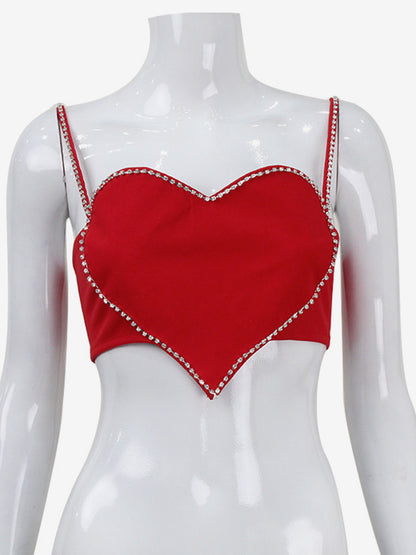 Heart Shaped Crop Top For Women - Red Rhinestone Y2K Aesthetic Cami - Summer Music Festival Club 2026