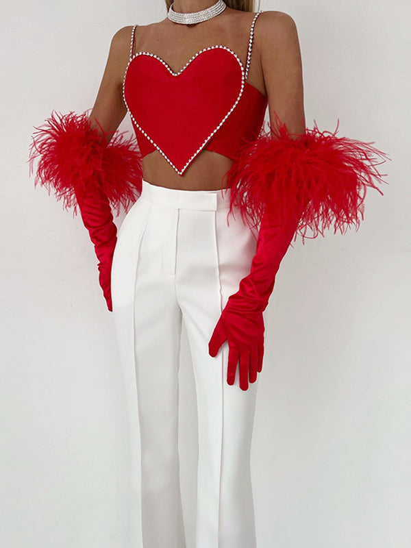 Heart Shaped Crop Top For Women - Red Rhinestone Y2K Aesthetic Cami - Summer Music Festival Club 2026