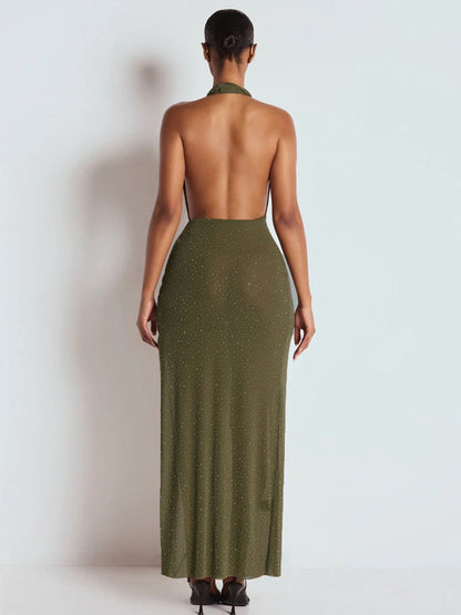 Halter Deep V Neck Maxi Dress For Women - Olive Green Glitter High Slit Backless Sheer Gown - Summer Night Out Club Party 2026