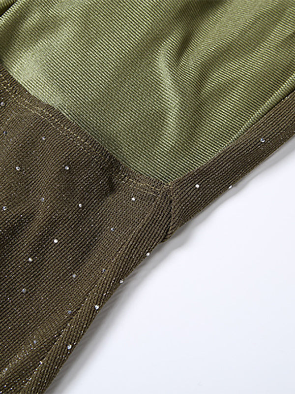Halter Deep V Neck Maxi Dress For Women - Olive Green Glitter High Slit Backless Sheer Gown - Summer Night Out Club Party 2026